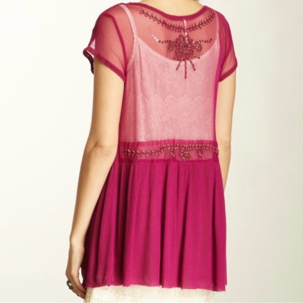 Free People Beaded Sheer Mesh & Gauze Tunic Top - Magenta - Picture 5 of 5